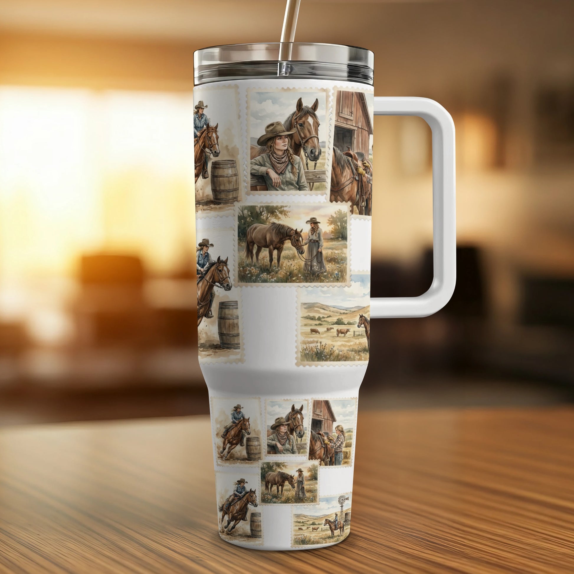 Collage of vintage postcard-style images of horses, cowboys, and barns on a travel tumbler.