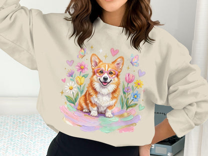 Corgi wearing pink glasses surrounded by pastel flowers and butterflies.