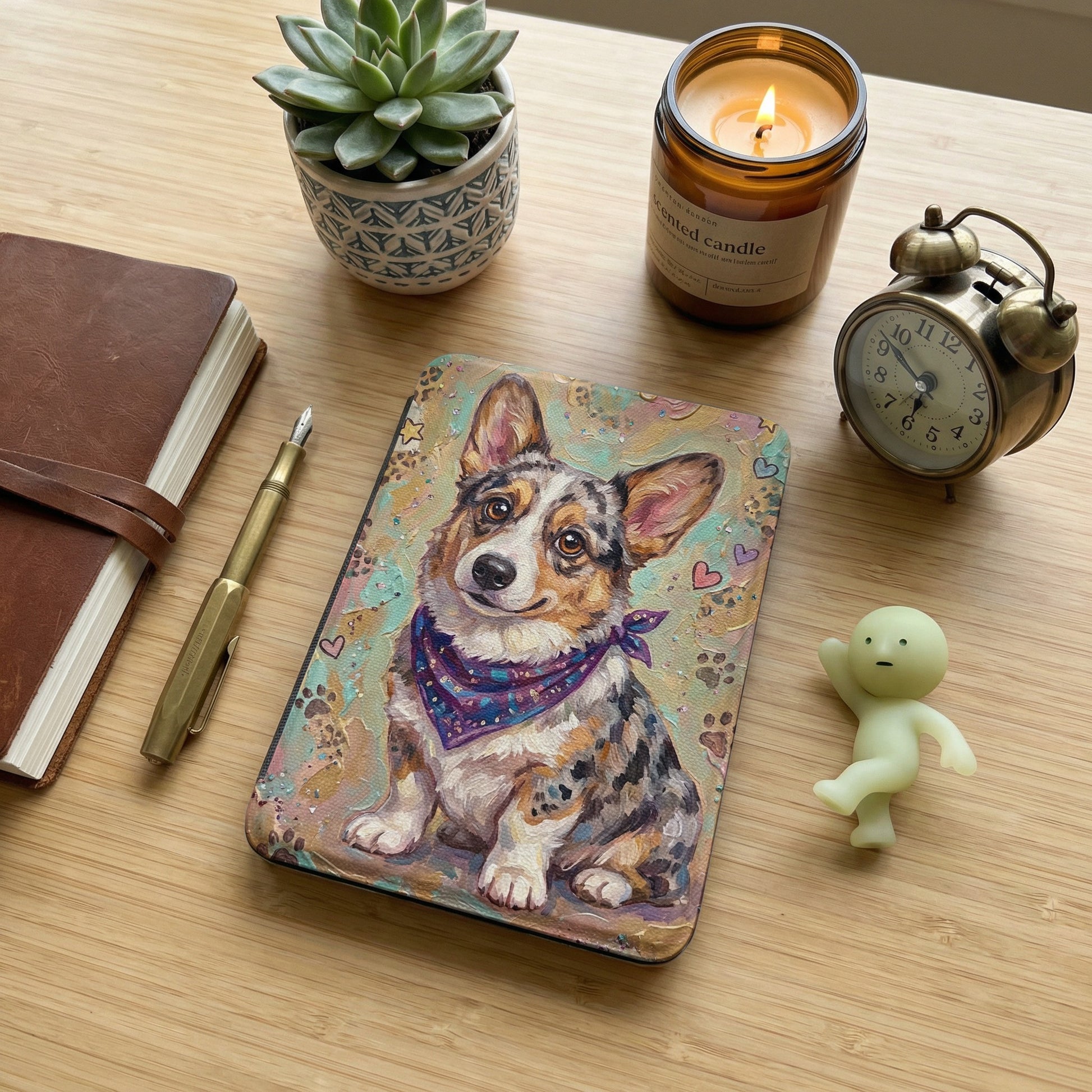 Artistic Corgi case with bandana on wood desk next to candle and alarm clock.