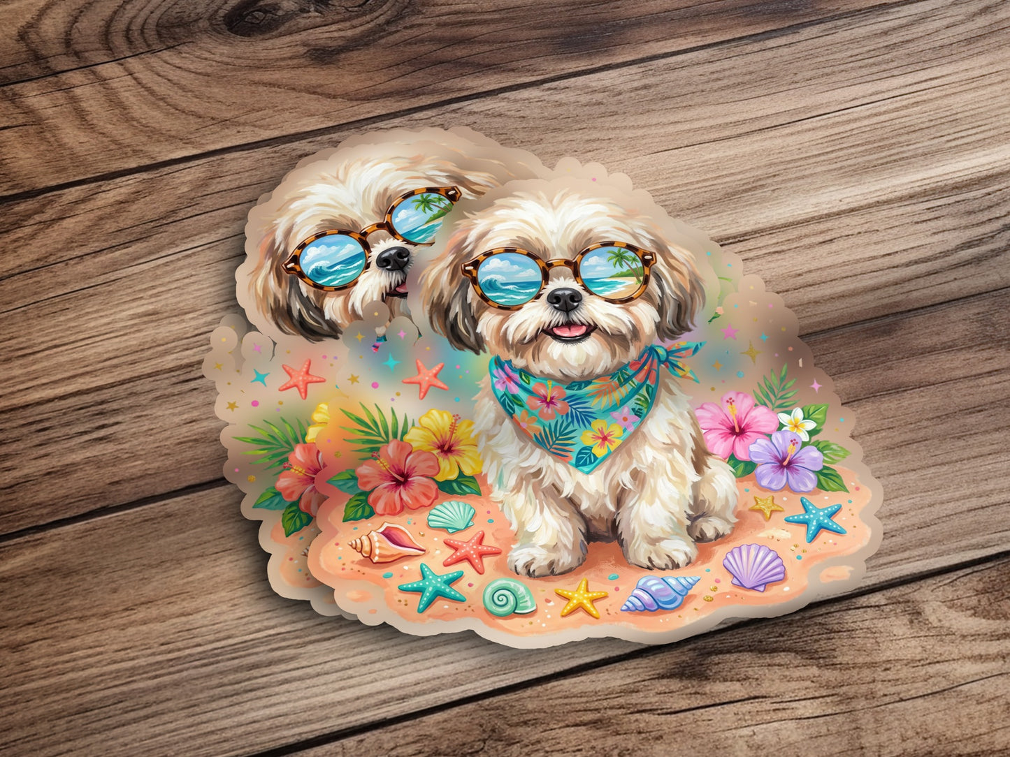Shiba Inu dogs in sunglasses and bandanas on a beach with seashells and flowers.