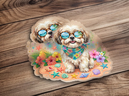 Shiba Inu dogs in sunglasses and bandanas on a beach with seashells and flowers.
