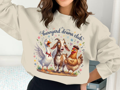 Barnyard Drama Club sweatshirt with chicken, goat, and goose characters.