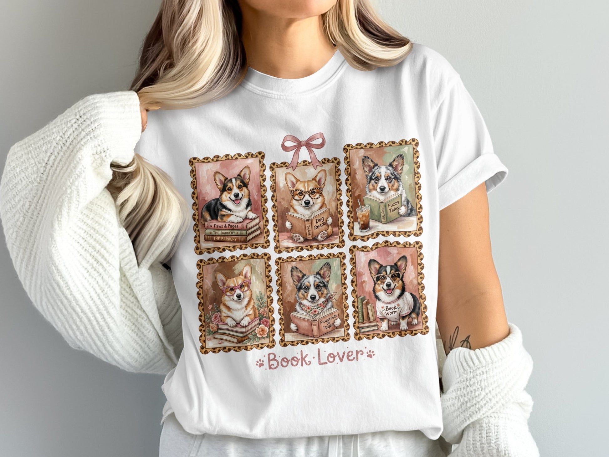 Six illustrated corgis reading books, with "Book Lover" text.