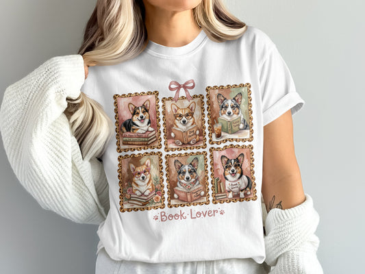 Six illustrated corgis reading books, with "Book Lover" text.