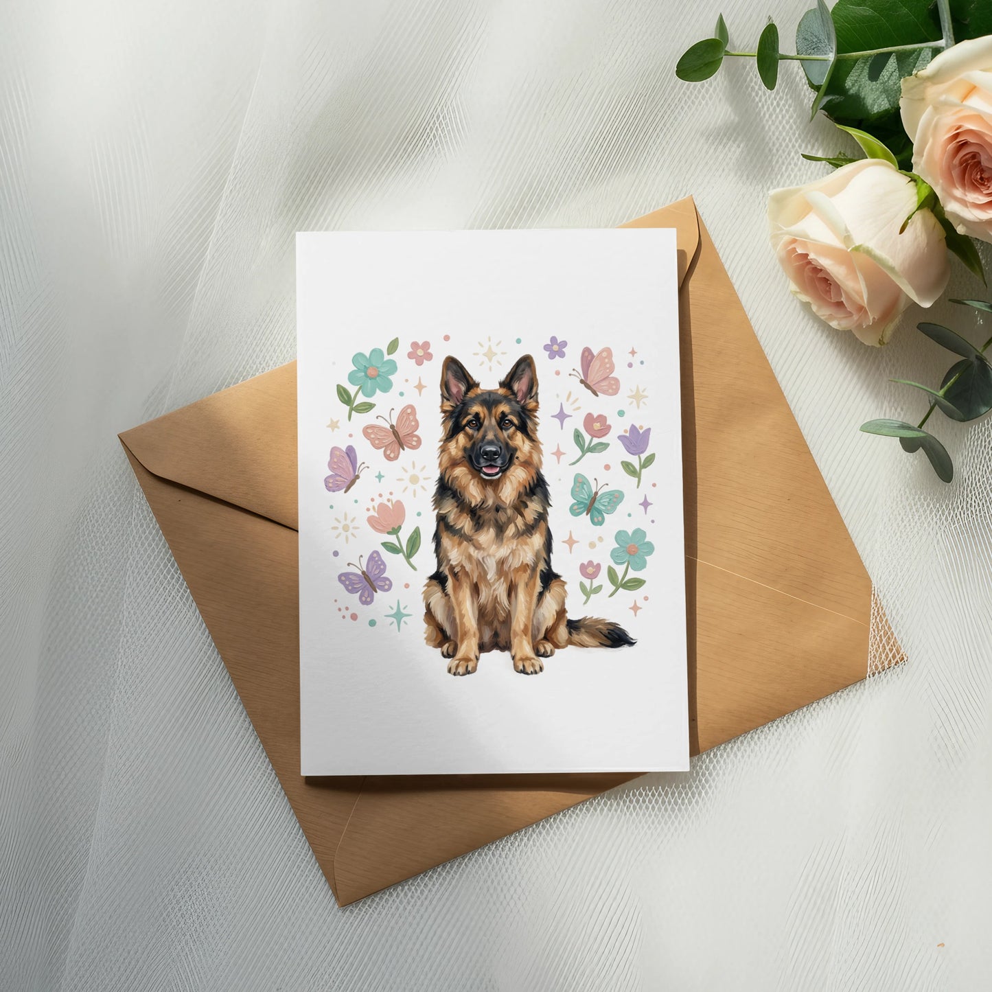 German Shepherd illustration on a greeting card with floral and butterfly accents.