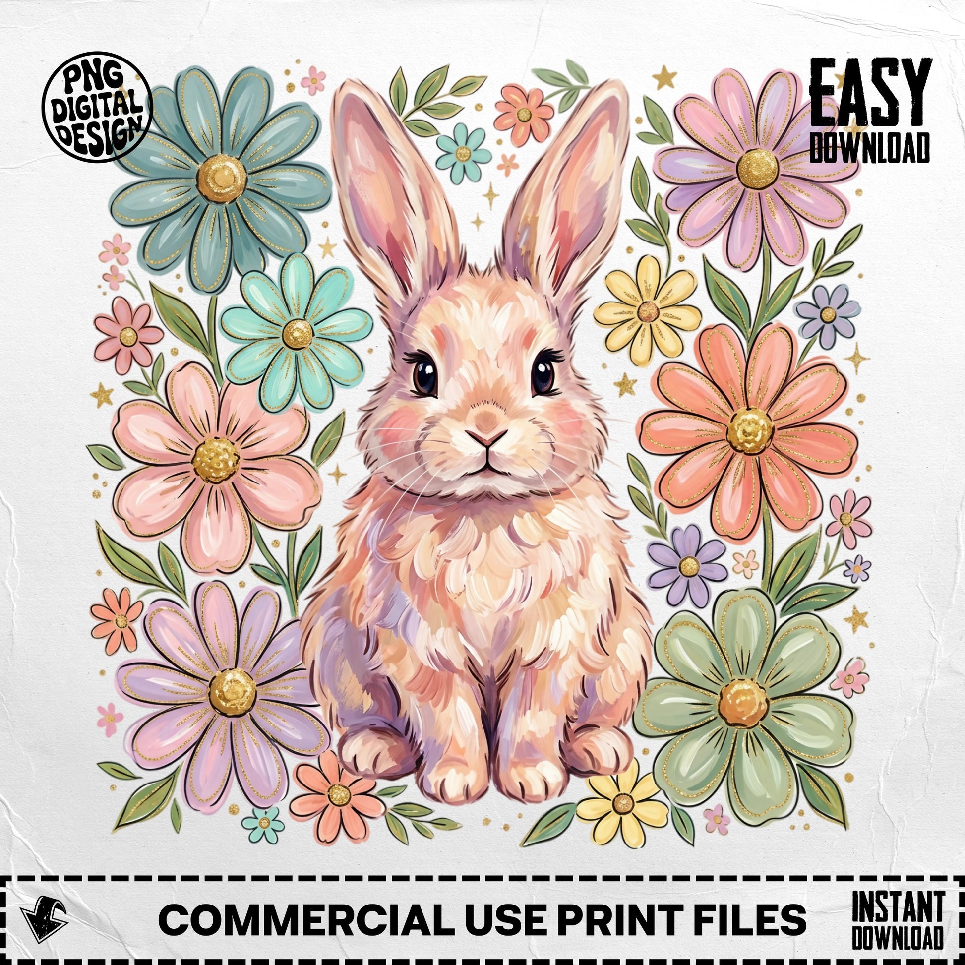 Cute bunny surrounded by colorful flowers, with "EASY DOWNLOAD" text.