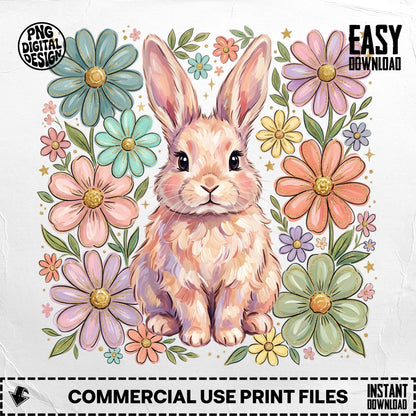 Cute bunny surrounded by colorful flowers, with "EASY DOWNLOAD" text.