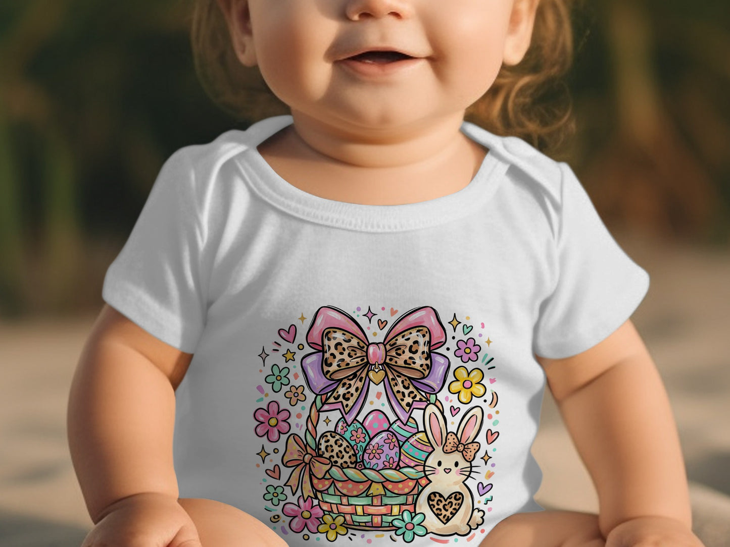 Easter bunny with basket, eggs, and bow on baby's white bodysuit.