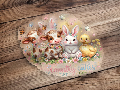 Cute baby cow, bunny, and duck with flowers and butterflies.