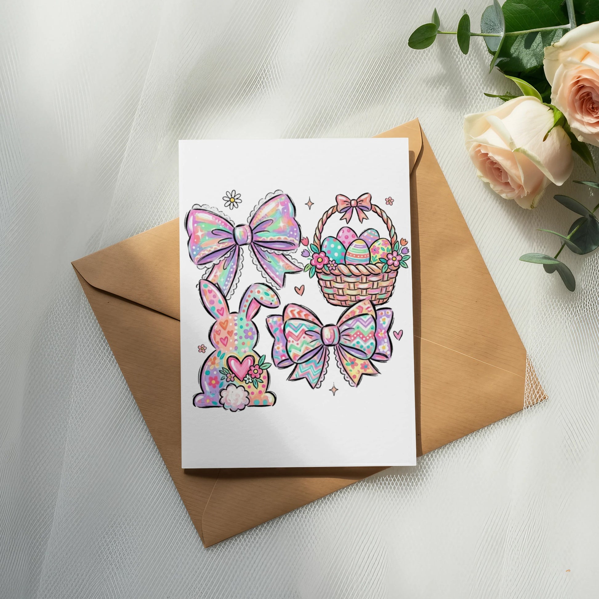 Card with pastel Easter bows, bunny, and egg-filled basket on brown envelope.