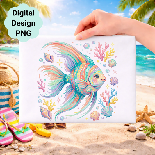 Colorful, patterned fish with seashells and coral on a beach background.
