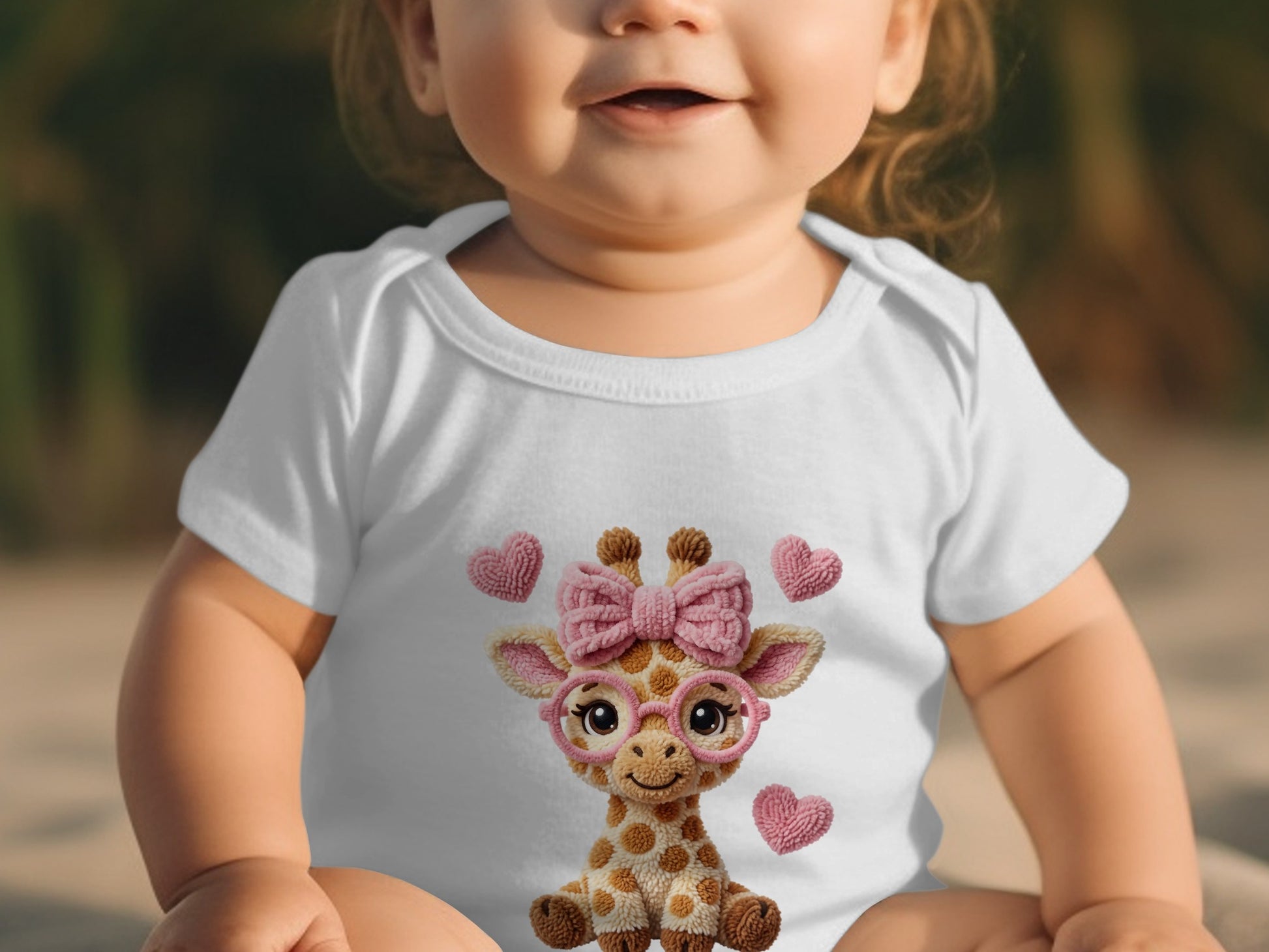 White baby bodysuit with a smiling giraffe wearing pink glasses and bow.