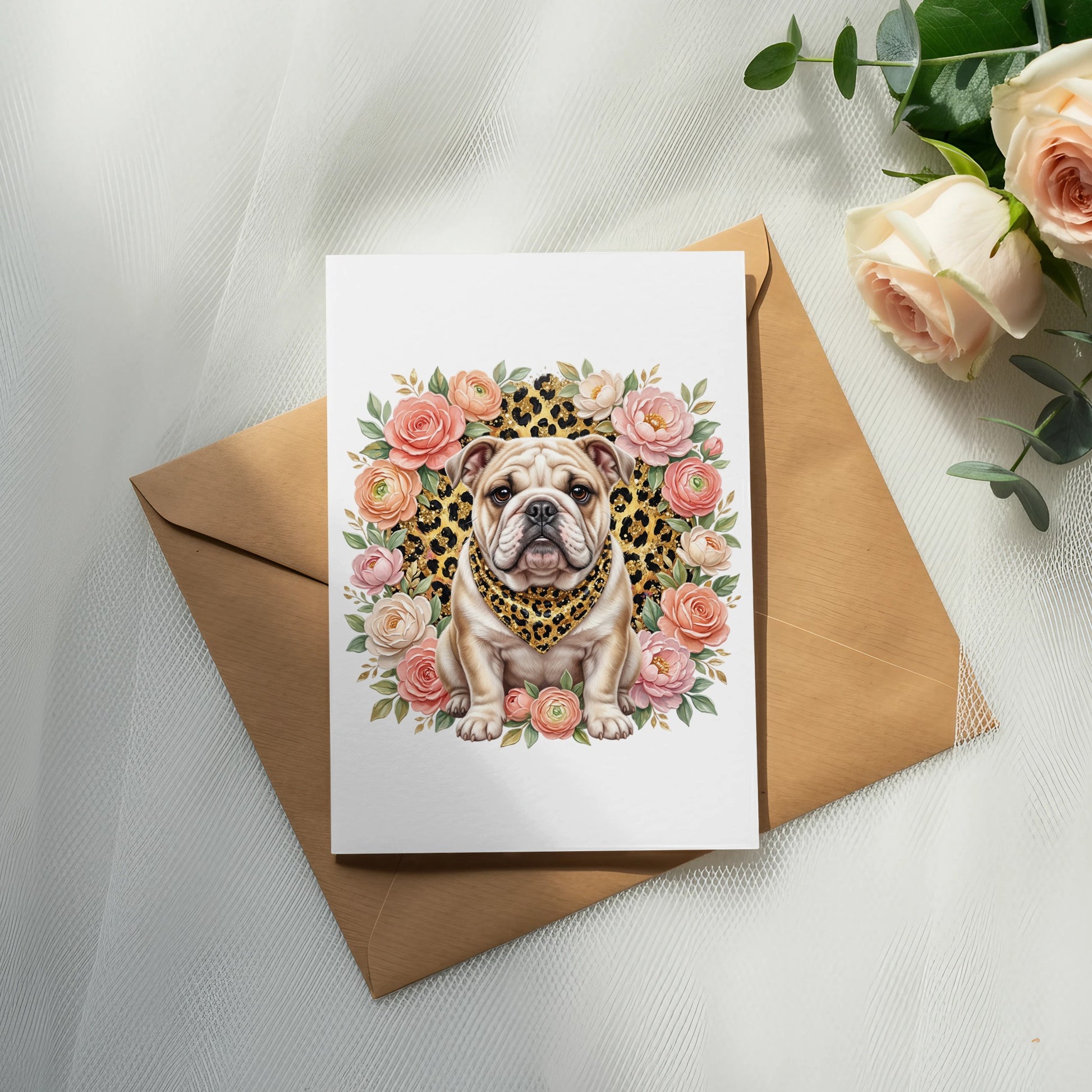 Bulldog wearing leopard print bandana surrounded by roses on a card.
