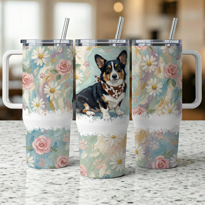Corgi wearing bandana on floral tumbler with straw.