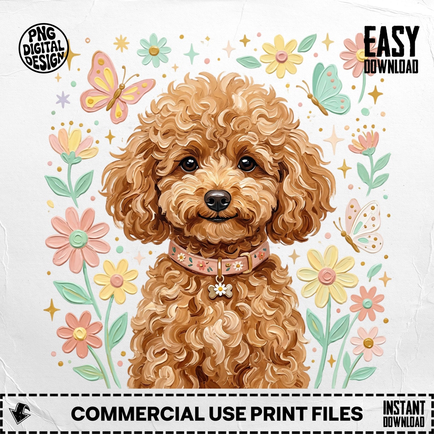 Furry brown poodle with floral border and butterflies, "EASY DOWNLOAD" text.