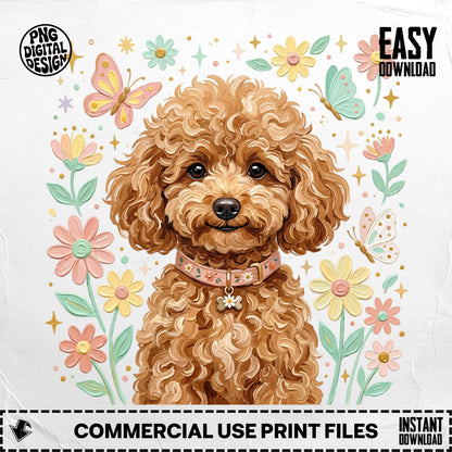 Furry brown poodle with floral border and butterflies, "EASY DOWNLOAD" text.