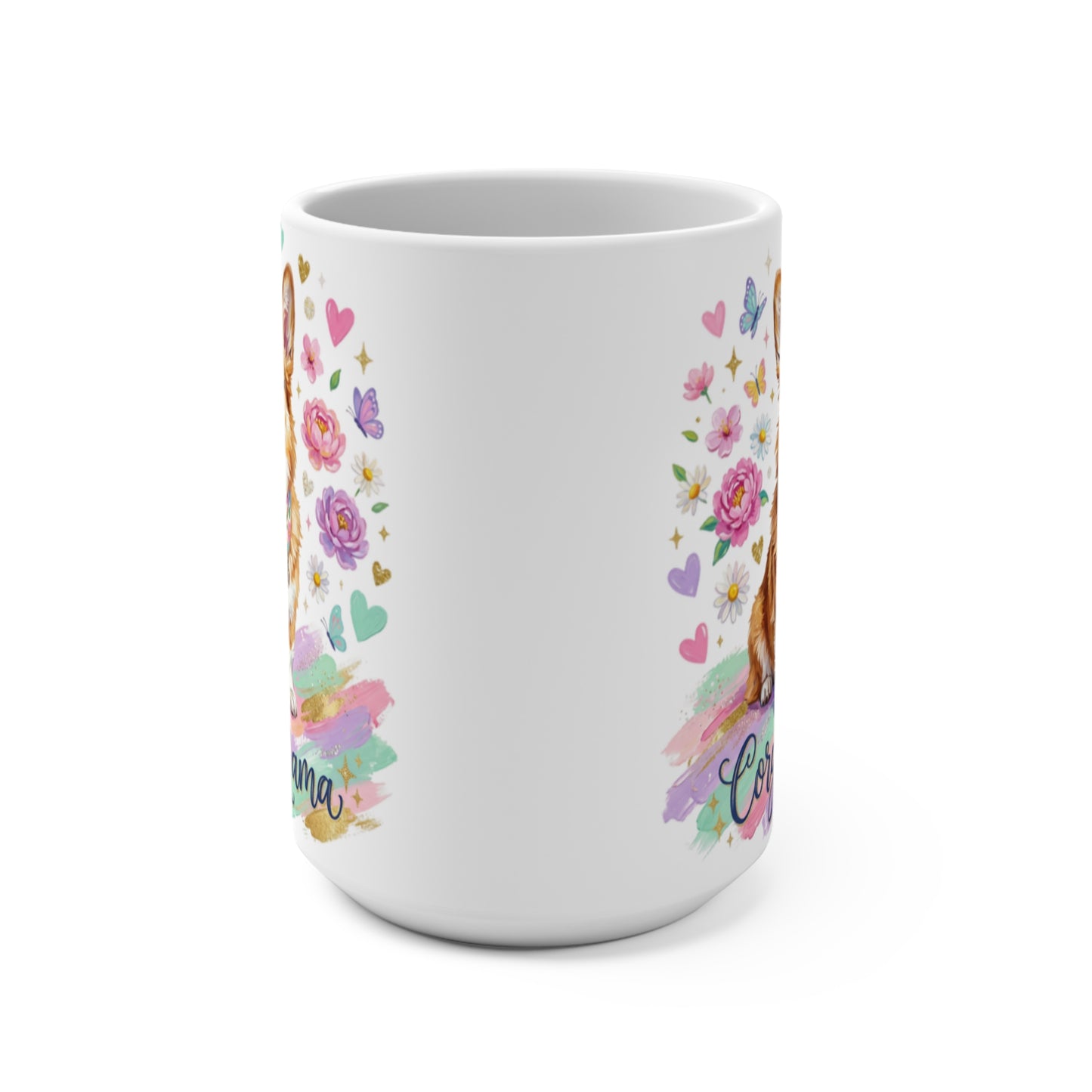 White ceramic mug with a corgi, flowers, hearts, and butterflies, "Mama" text.
