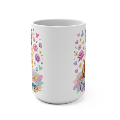 White ceramic mug with a corgi, flowers, hearts, and butterflies, "Mama" text.