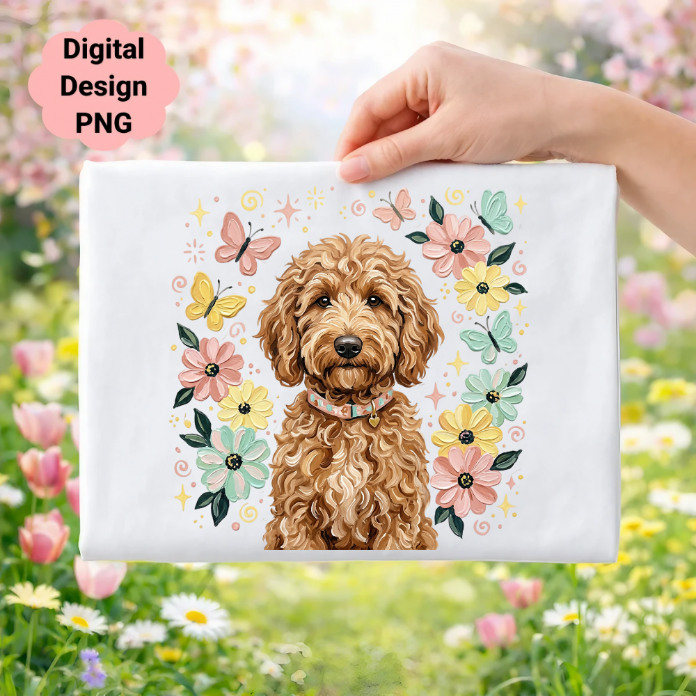 Fluffy goldendoodle with flowers and butterflies design on a white blanket.