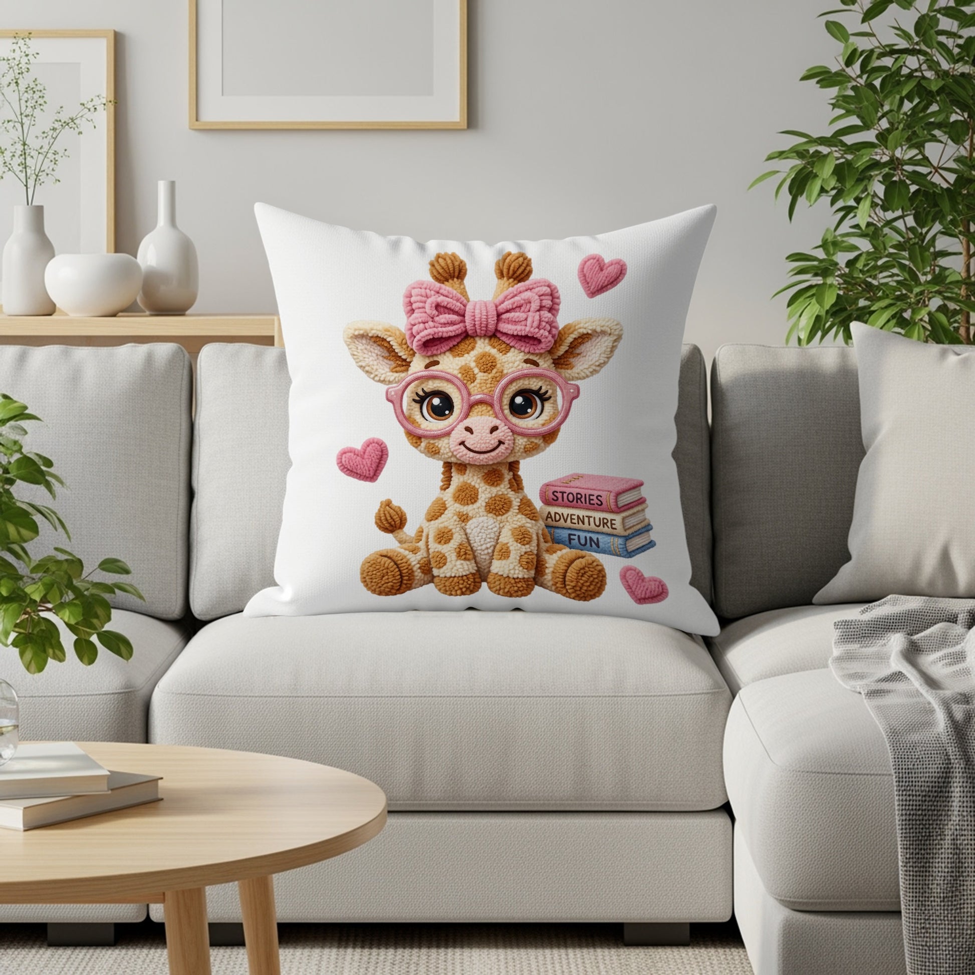 Plush cartoon giraffe wearing glasses and pink bow, sitting on couch with books.
