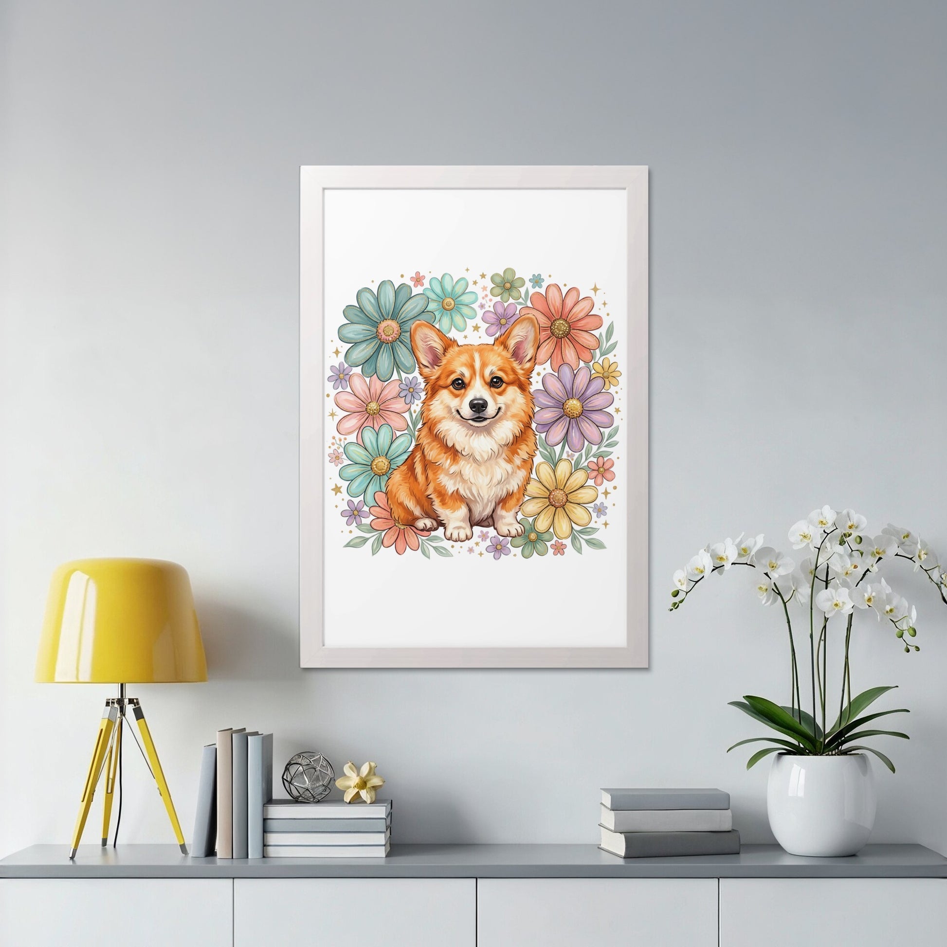 Framed illustration of a happy corgi surrounded by colorful flowers.