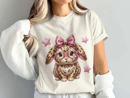 T-shirt with leopard print bunny wearing pink glasses and a bow.