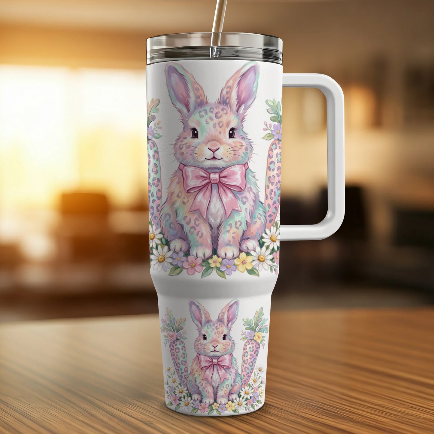 White tumbler with Easter bunny and carrot design.