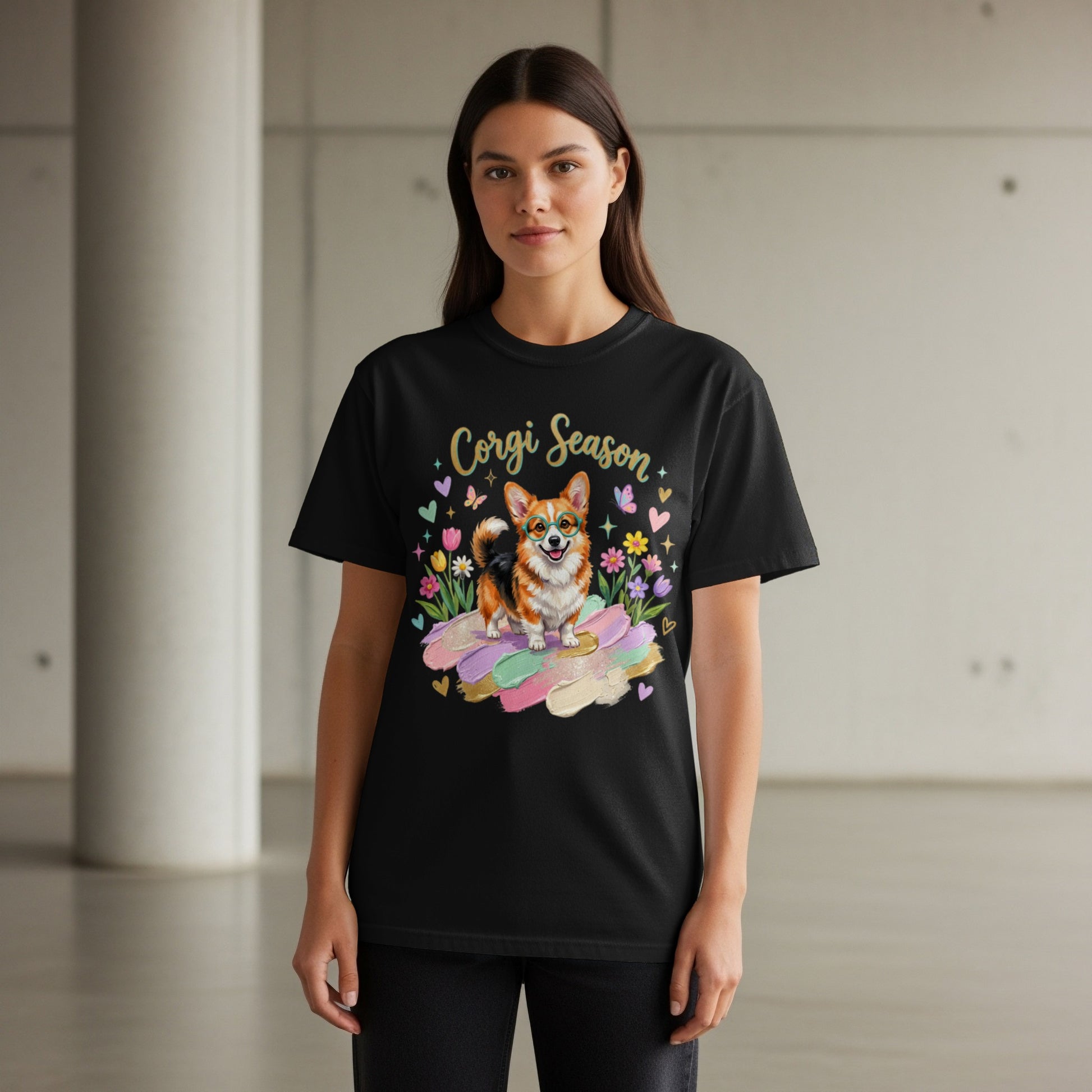 Black t-shirt with "Corgi Season" and colorful corgi illustration.