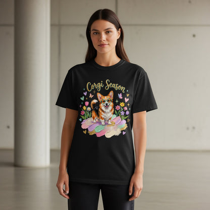 Black t-shirt with "Corgi Season" and colorful corgi illustration.
