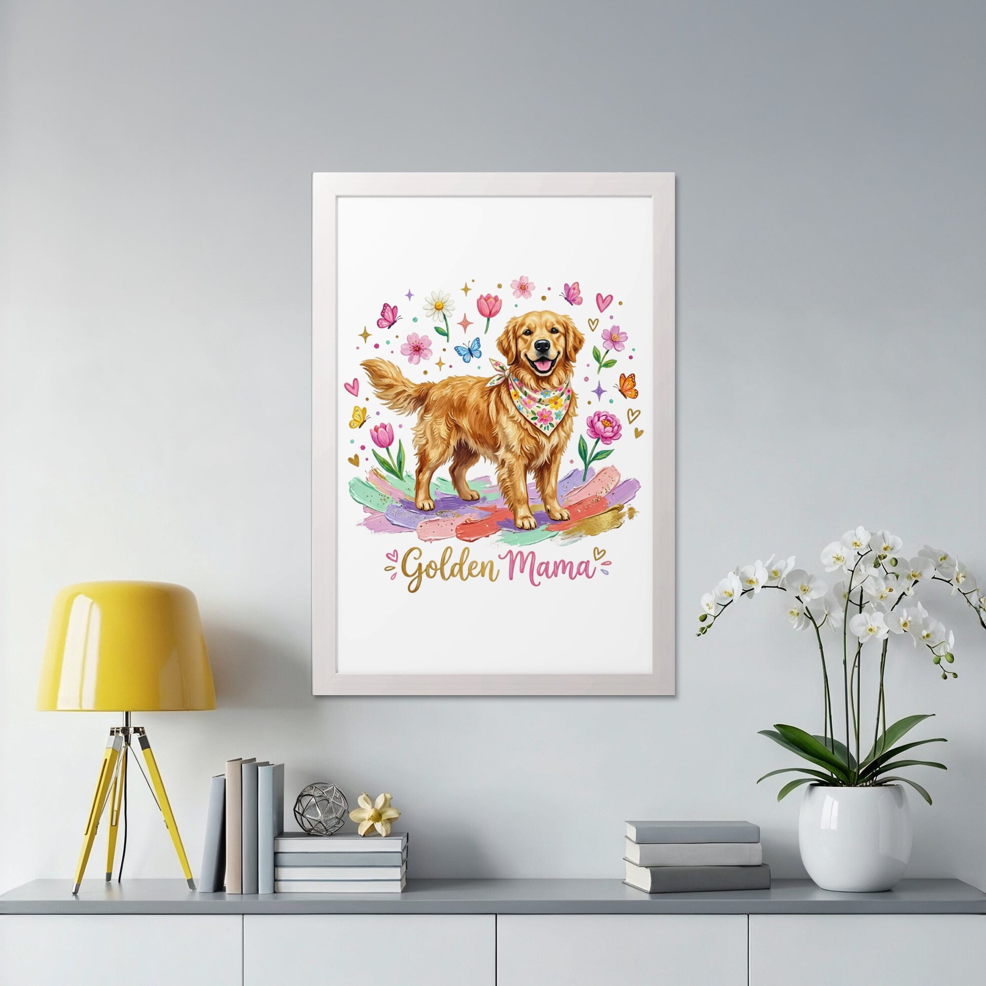 Golden Retriever with "Golden Mama" text, surrounded by flowers and butterflies.