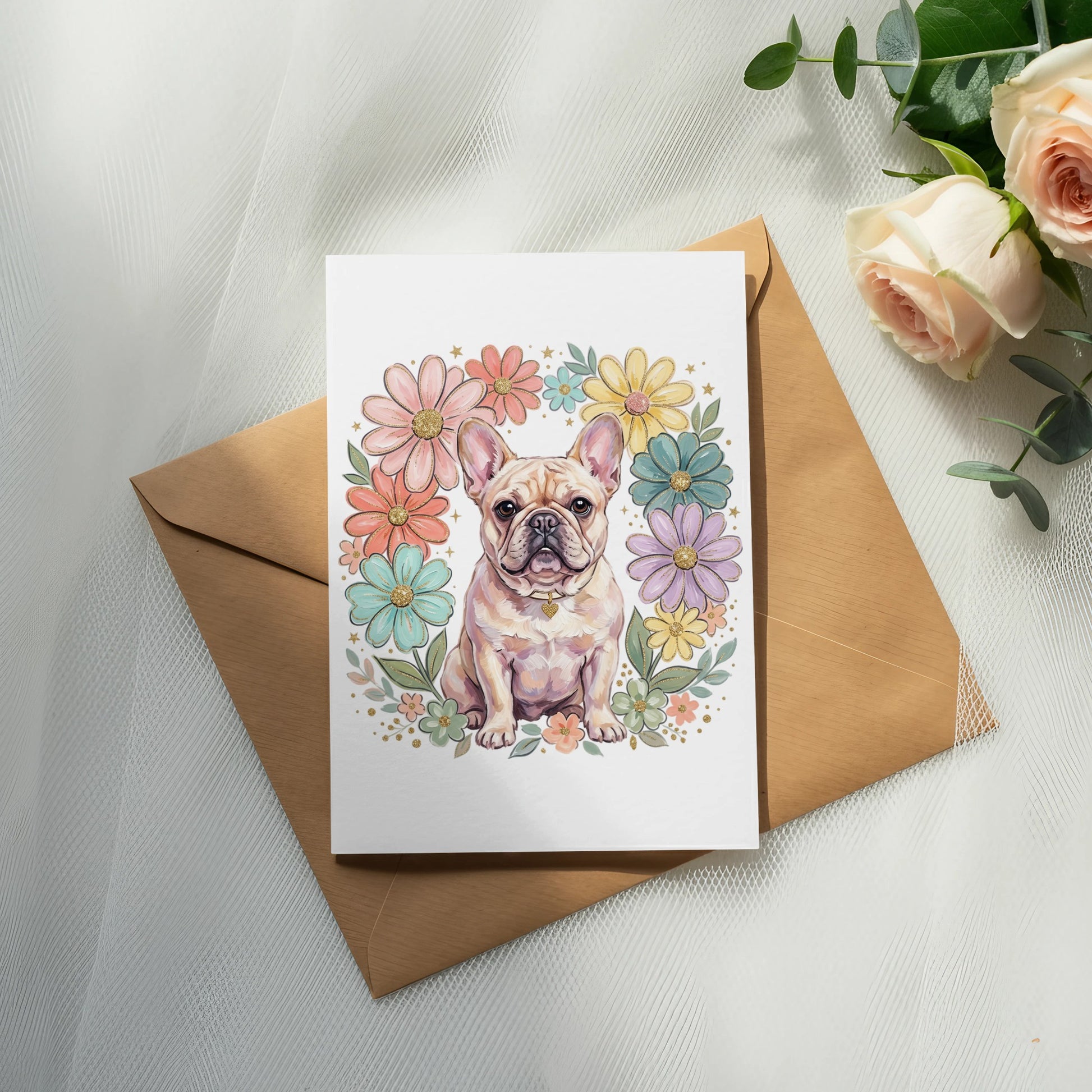 French bulldog surrounded by a pastel floral wreath on a greeting card.