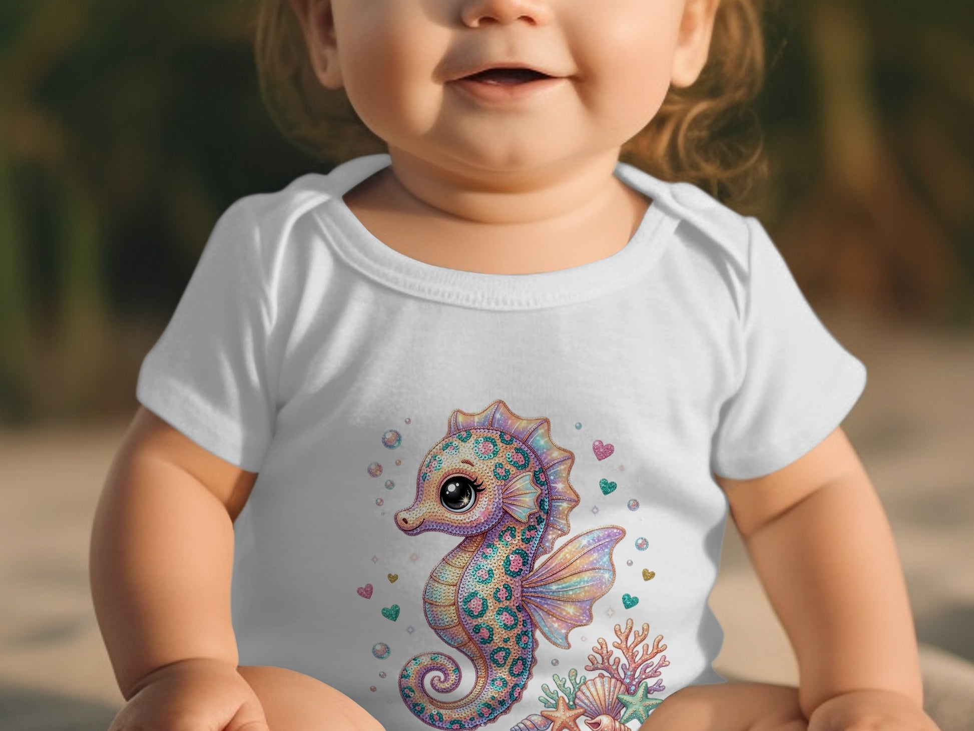 White baby onesie with a colorful seahorse, coral, and starfish design.