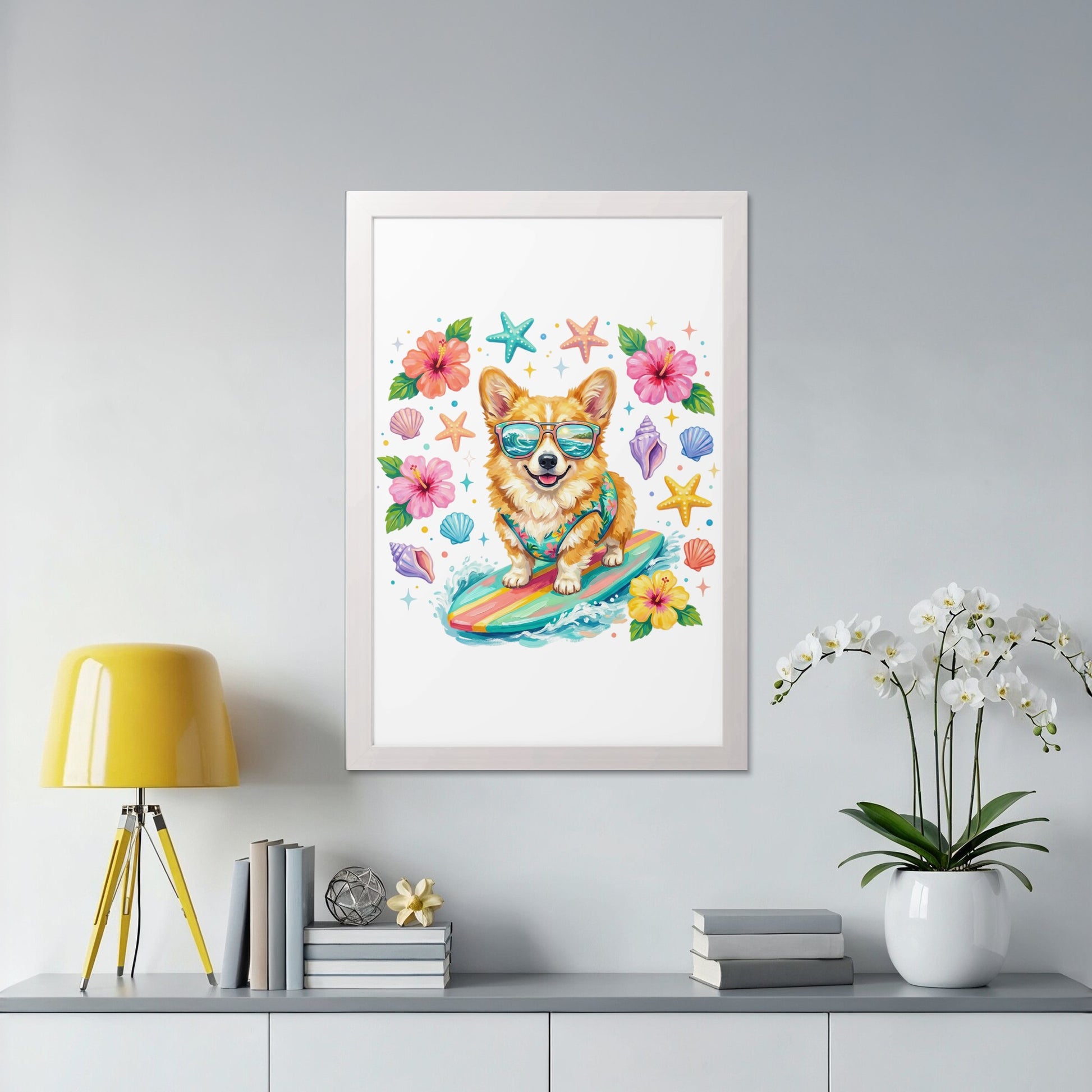 Corgi wearing sunglasses surfs on a rainbow board surrounded by flowers and shells.
