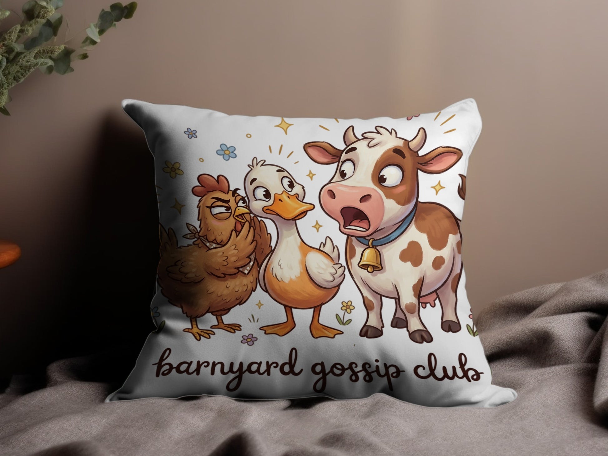 Barnyard gossip club with cartoon chicken, duck, and surprised cow.