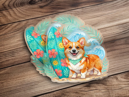 Corgi with surfboard and waves sticker.