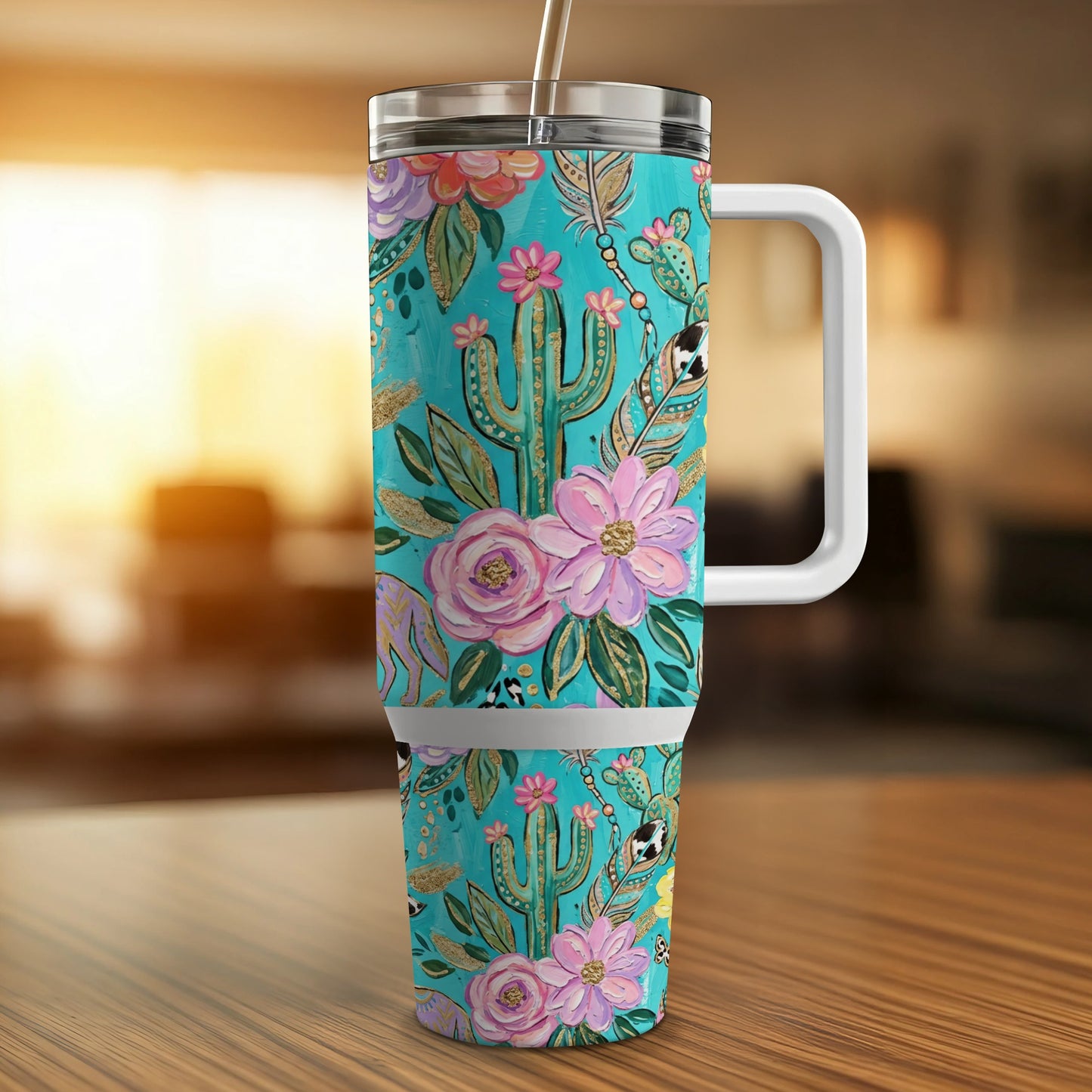 Turquoise tumbler with floral, cactus, and feather desert-themed pattern.