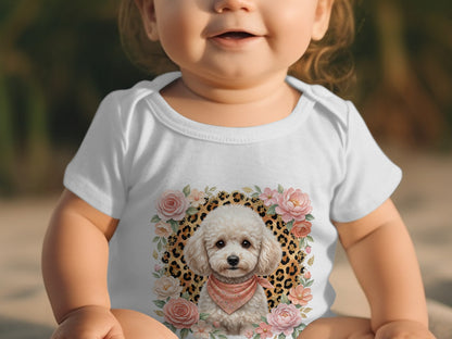 White baby onesie with poodle and floral print.
