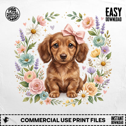 Dachshund puppy with pink bow in floral wreath, "EASY DOWNLOAD" and "COMMERCIAL USE PRINT FILES" text.