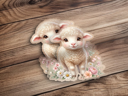Two cartoon sheep with flowers on a wooden background.