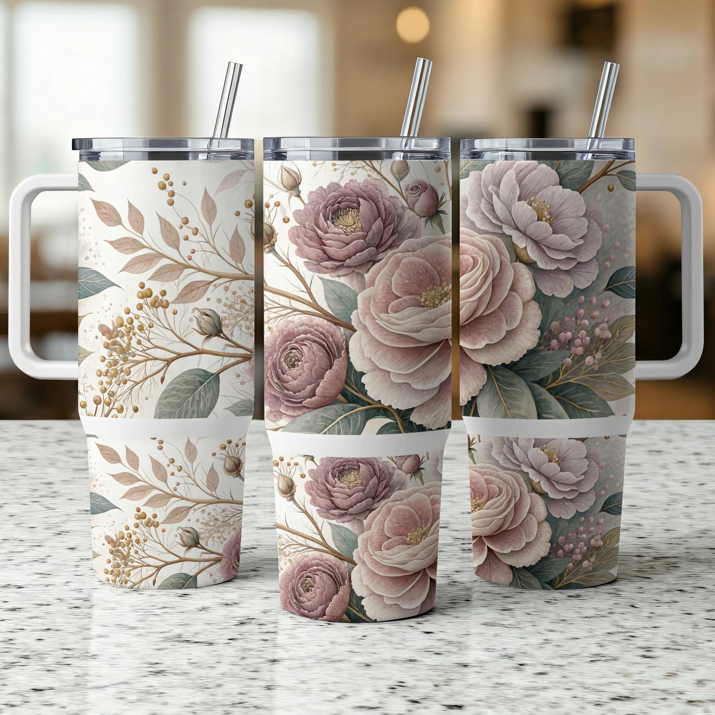 Three tumblers with floral and berry vine pattern.