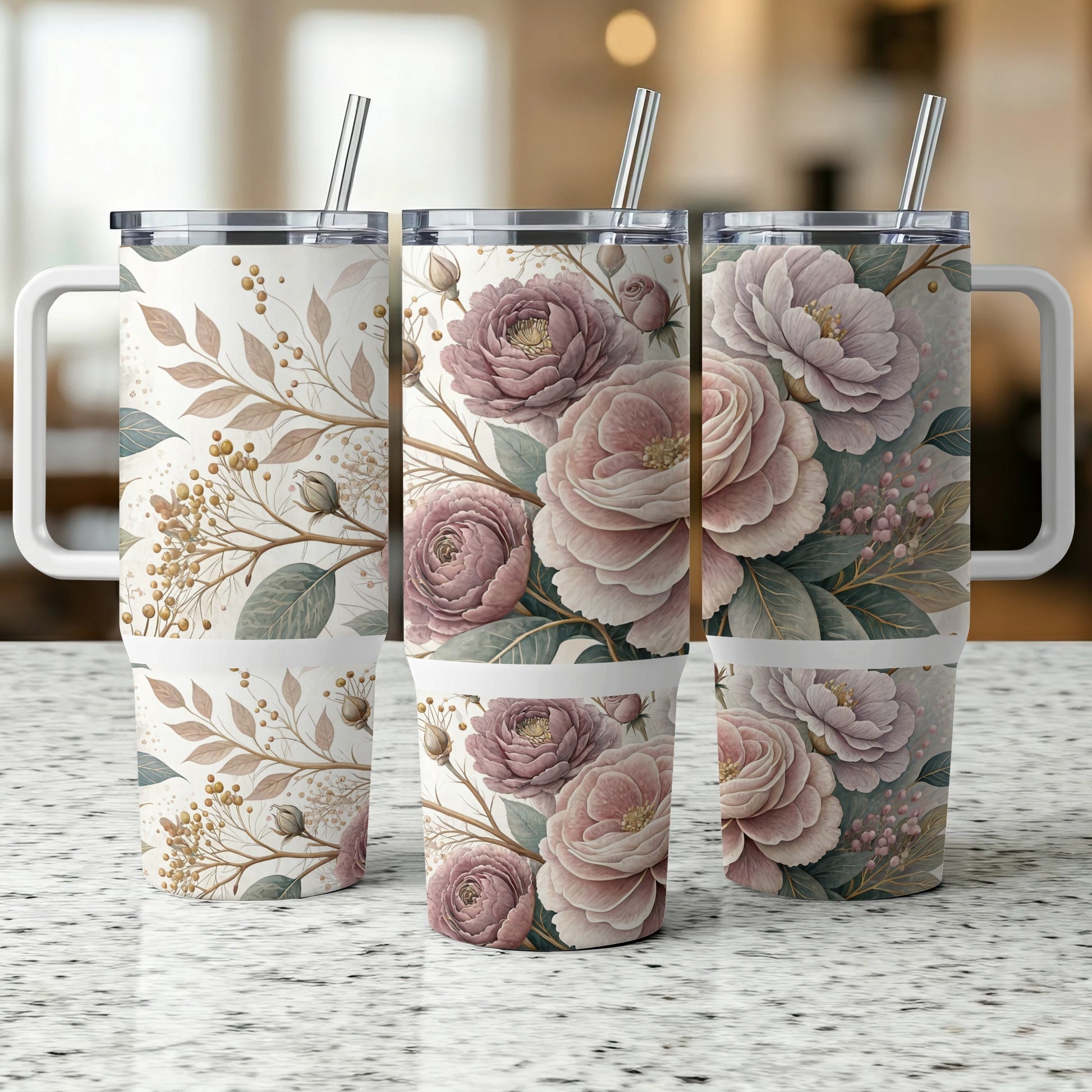 Three tumblers with floral and berry vine pattern.