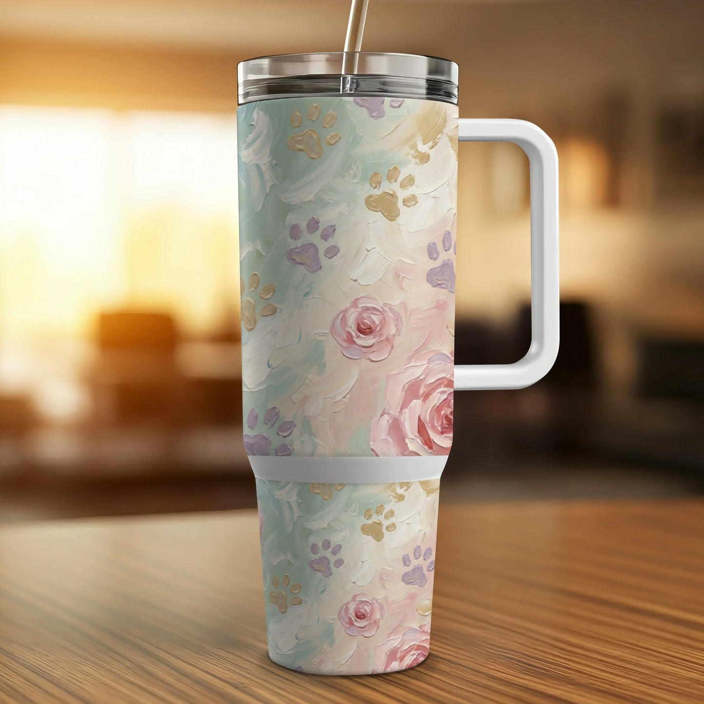 Tumbler with pastel floral and paw print design, white handle.