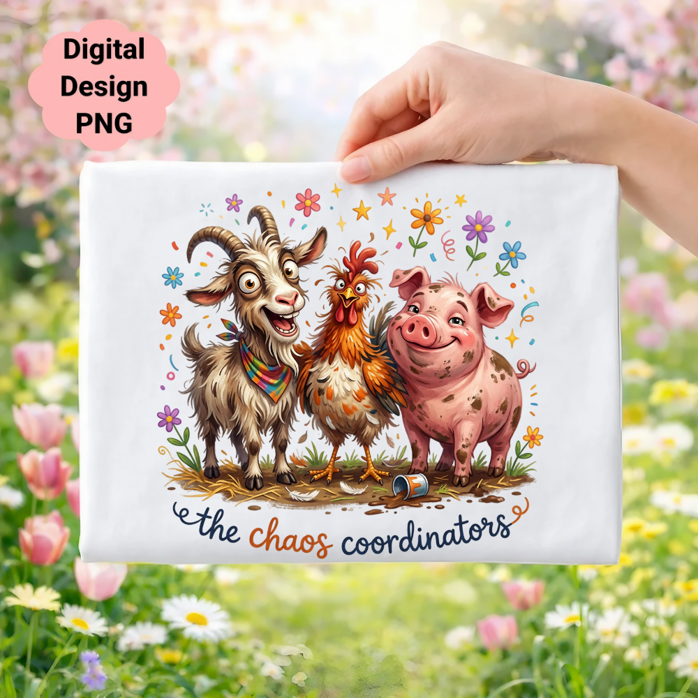 Farm animals including a goat, chicken, and pig holding a sign saying "the chaos coordinators."