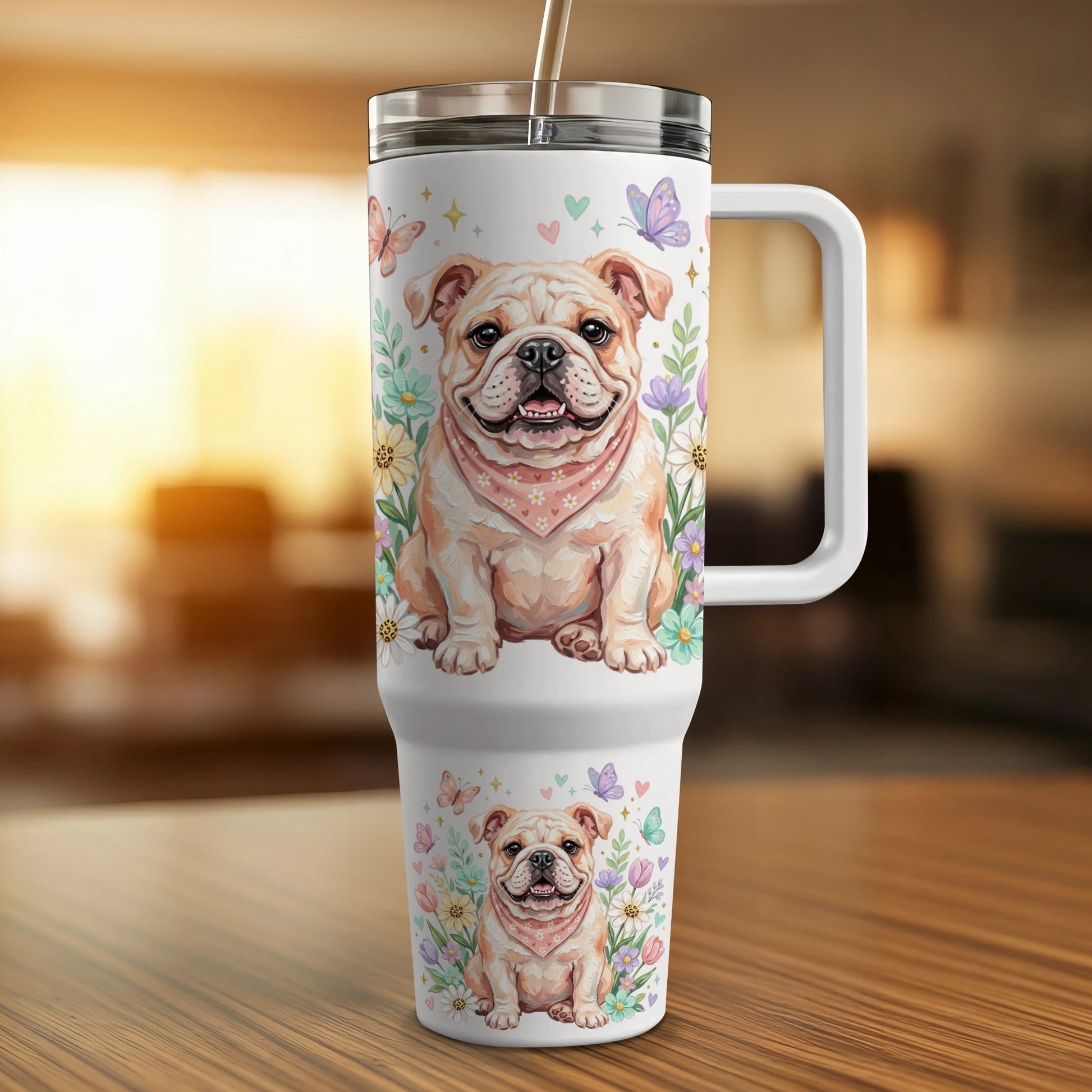 White tumbler with bulldog illustration and floral design.