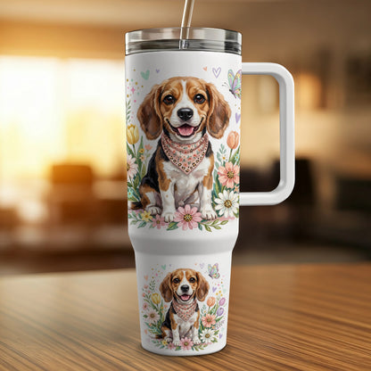 Beagle dog wearing bandana on floral tumbler.