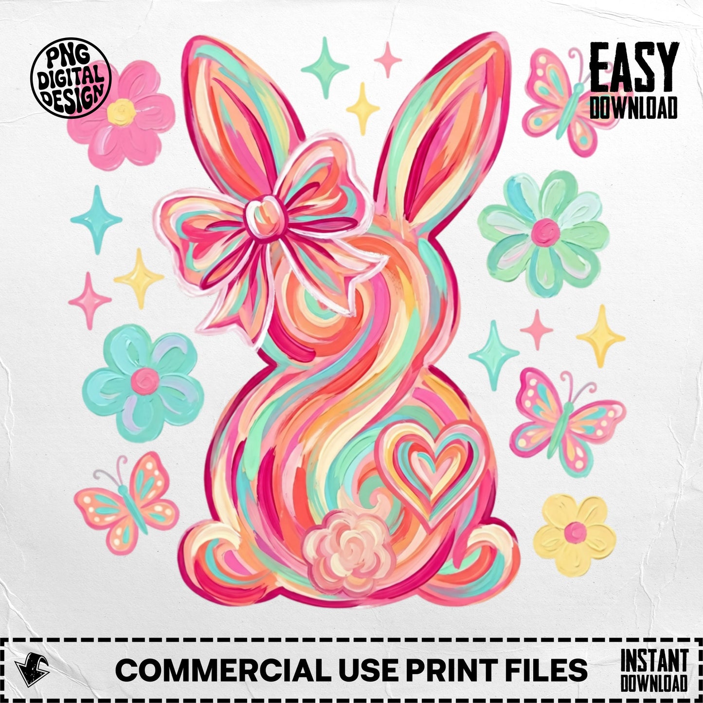 Colorful swirled bunny with butterflies and flowers, perfect for Easter crafts.