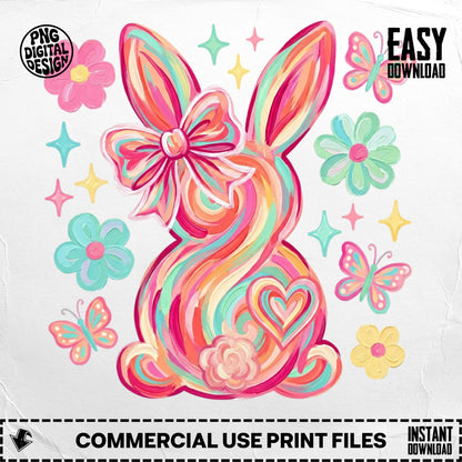 Colorful swirled bunny with butterflies and flowers, perfect for Easter crafts.