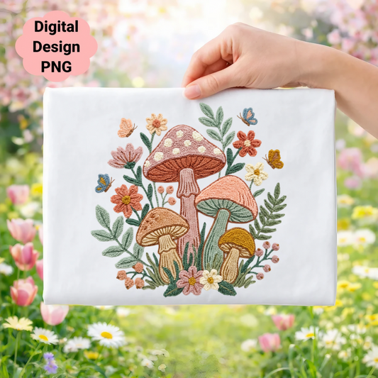 Embroidery design with mushrooms, flowers, and butterflies on fabric.