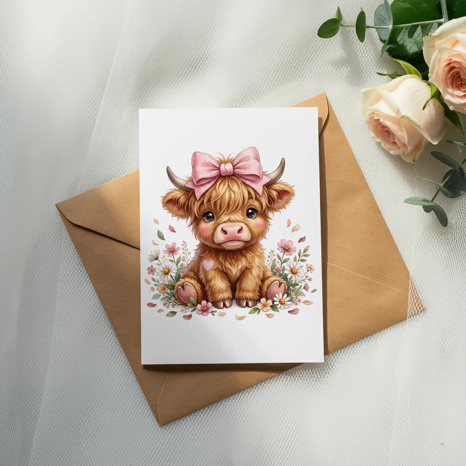 Illustration of a Highland cow wearing a pink bow, sitting on a card.