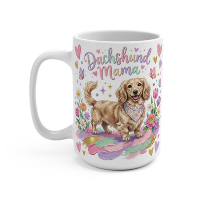 Dachshund Mama mug with colorful flowers, butterflies, and hearts.